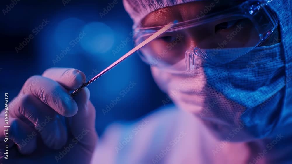 Aufkleber scientist in protective gear examining a sample with advanced tools in a high tech laboratory, illum