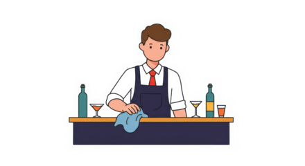 Cartoon Bartender Wiping Bar Counter Illustration