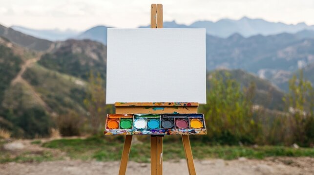 Picturesque outdoor painting setup with an easel paints brushes and a scenic nature backdrop of hills mountains and forests  A tranquil and scene for an creative process