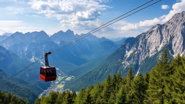 Riders enjoy a scenic journey on a red cable car above lush forests and majestic mountains under clear skies