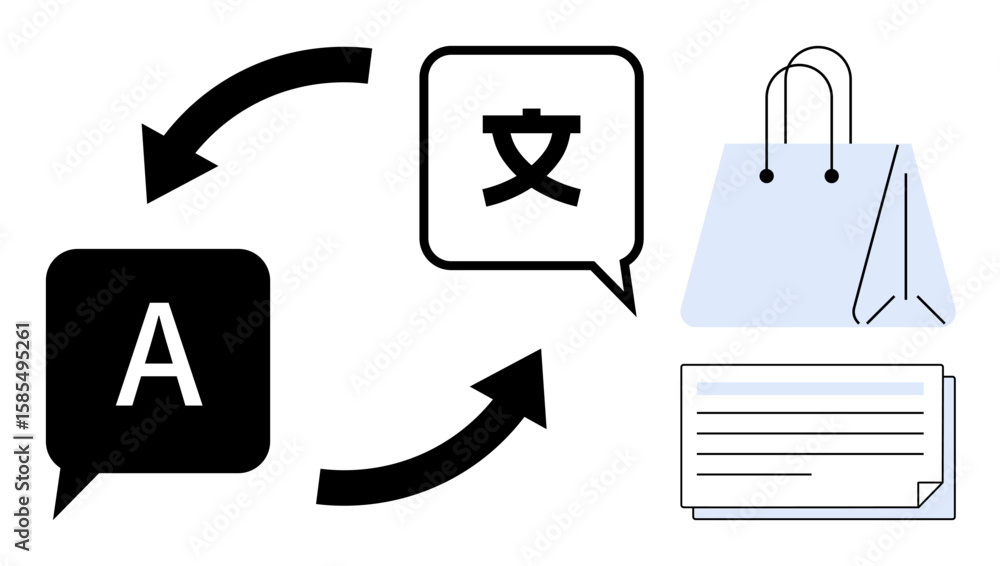Poster speech bubbles with letters and arrows indicate language translation, accompanied by a shopping bag 