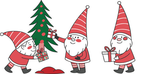 Three cheerful Christmas gnomes exchanging gifts near a decorated tree; cute, whimsical, festive illustration.