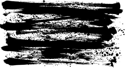 Monochromatic abstract background with bold horizontal black ink brush strokes and expressive paint splatters, capturing a dynamic grunge art texture.