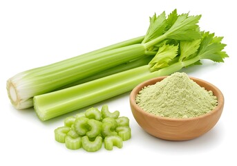Fresh Celery Stalks with Sliced Celery and Powder in Wooden Bowl Isolated on White Background

