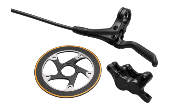 Hydraulic disc brake set for cross-country bike with post-mount calipers and two-piece rotors