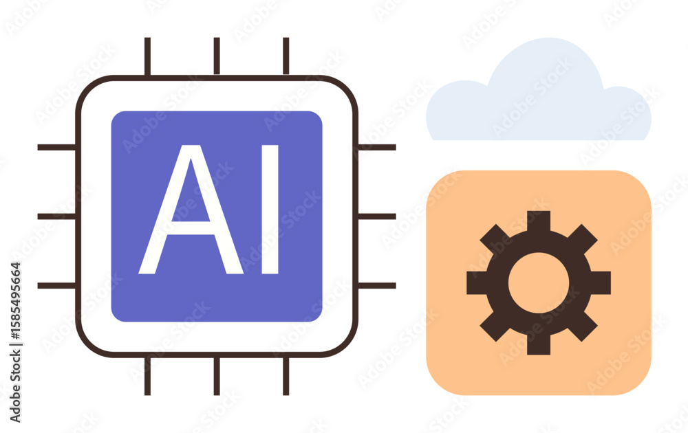 Poster ai microchip and gear in a cloud symbolize machine learning, automation, digital transformation, and