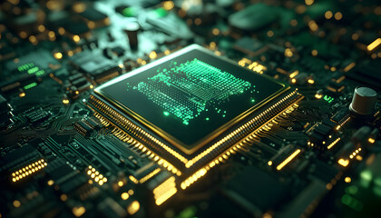 Ultra-detailed close-up chip on a sleek motherboard, glowing green circuits, futuristic design, soft ambient light, shallow depth of field, cinematic tech style