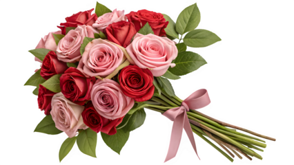 A delightful bouquet of red and pink roses tied with a gentle ribbon evokes feelings of love and romance for any celebration.