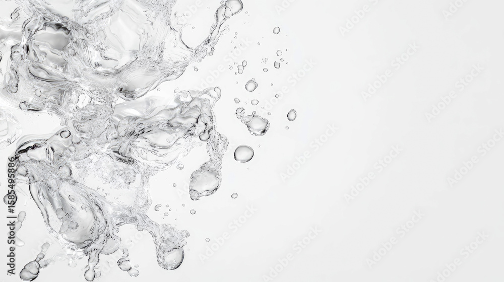 Poster dynamic water splash with clear liquid forms and floating droplets against a pristine white field, i
