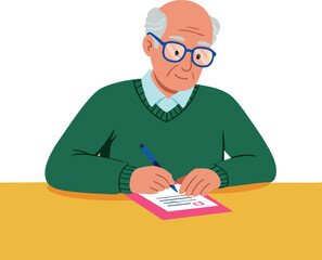 Elderly man writing with pen on paper at table vector illustration in green sweater and blue glasses