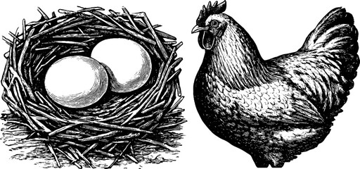 Obraz premium Vintage engraved illustration set of hen and egg basket for farmhouse decor and design