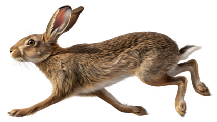 Brown hare sprints forward with agility and speed in this detailed studio shot of a wild animal on white.