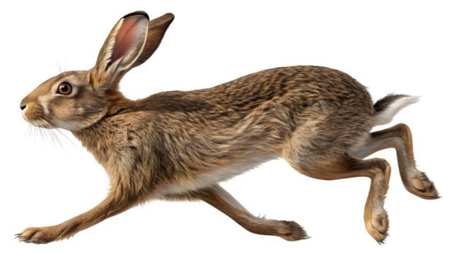 Brown hare sprints forward with agility and speed in this detailed studio shot of a wild animal on white.