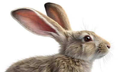 Close up study of an alert hare, highlighting its long ears, brown fur, and keen expression against a bright, neutral background.