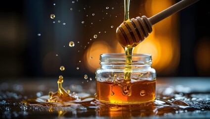 Golden honey pouring from a wooden dipper into a glass jar