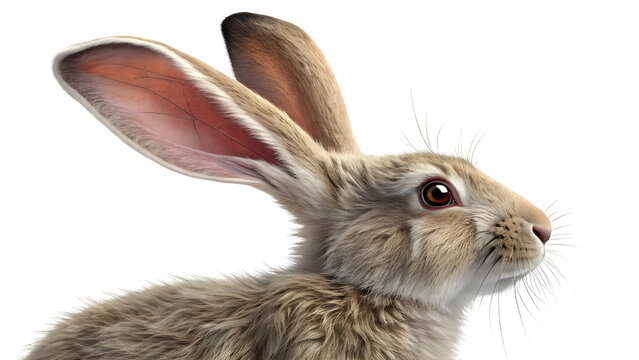 Close up study of an alert hare, highlighting its long ears, brown fur, and keen expression against a bright, neutral background.