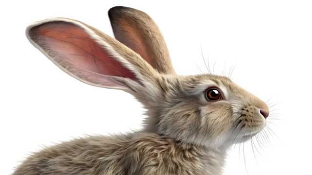 Close up study of an alert hare, highlighting its long ears, brown fur, and keen expression against a bright, neutral background.