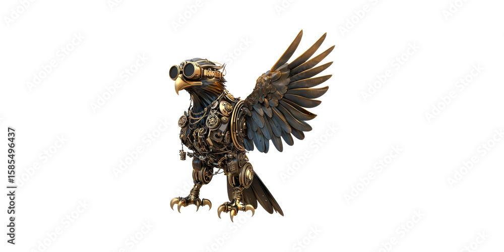 Poster steampunk mechanical eagle with gears and goggles. futuristic avian design in steampunk style isolat