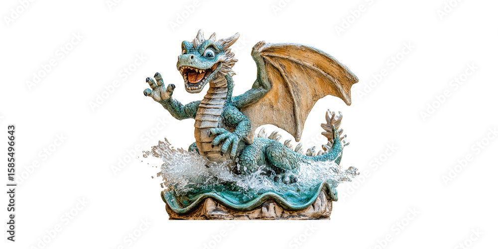 Poster dragon figurine splashing in water. fantasy creature with wings and playful expression isolated on t