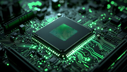 Fototapeta premium Ultra-detailed close-up chip on a sleek motherboard, glowing green circuits, futuristic design, soft ambient light, shallow depth of field, cinematic tech style