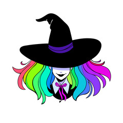 Smiling girl with multi-colored hair in a witch hat