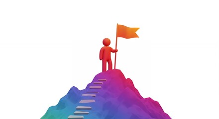 Person standing on top of colorful mountain holding flag