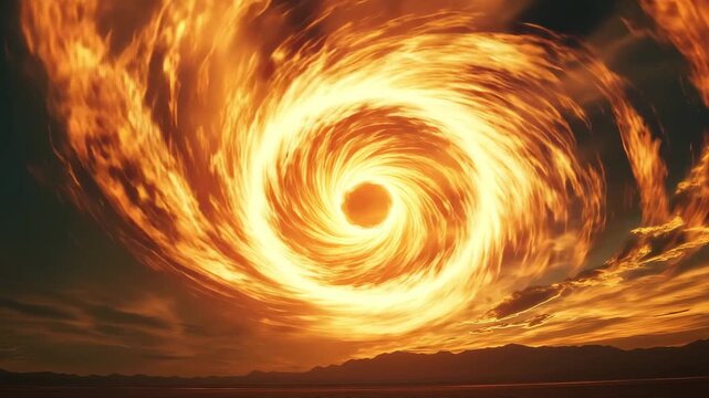 A swirling orange vortex appears above a desert landscape at sunset, creating a captivating and dynamic display of colors and shapes