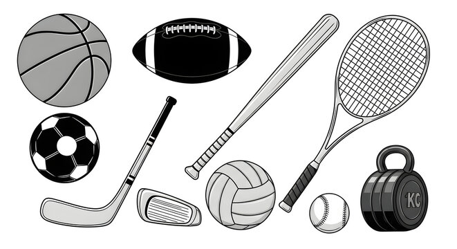 Diverse Sporting Equipment Arrangement Displaying Athletic Lifestyle Icons