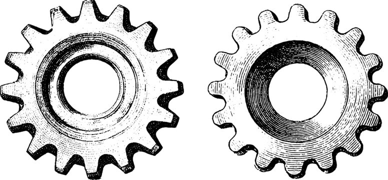 Vintage engraved illustration set of manufacturing cogs ideal for industrial design projects