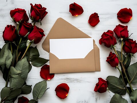 Red roses and an envelope on a rustic white wooden surface