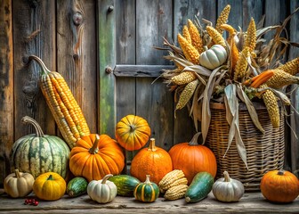 A festive display of assorted pumpkins and gourds with corn stalks in a basket
