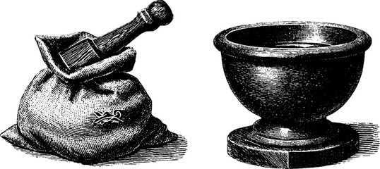 Historical engraving of traditional miller tools and millstone for heritage designs