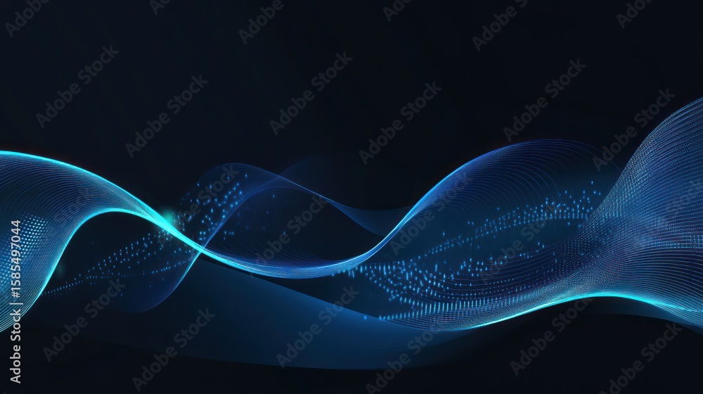 Poster abstract blue wave background with glowing particles and smooth lines