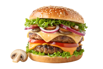 A delicious double cheeseburger with fresh toppings is placed on a white background, a tempting treat for any burger enthusiast.