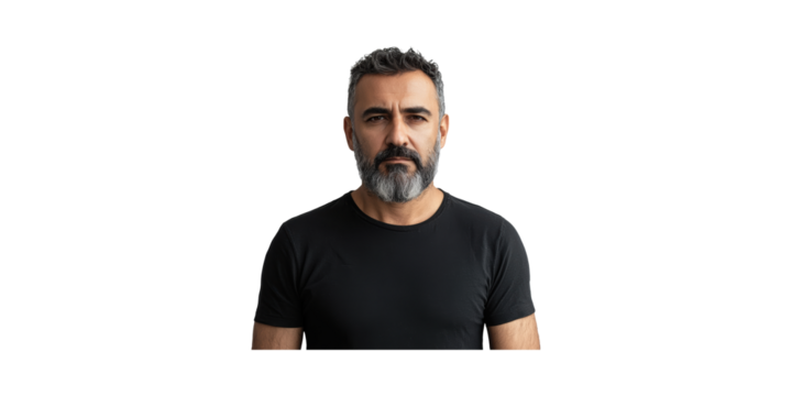 Mature Man With Gray Beard In Black T-Shirt. Confident Expression Isolated On Transparent Background