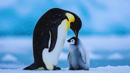 Emperor Penguin Parent and Chick in Snowy Antarctic Landscape