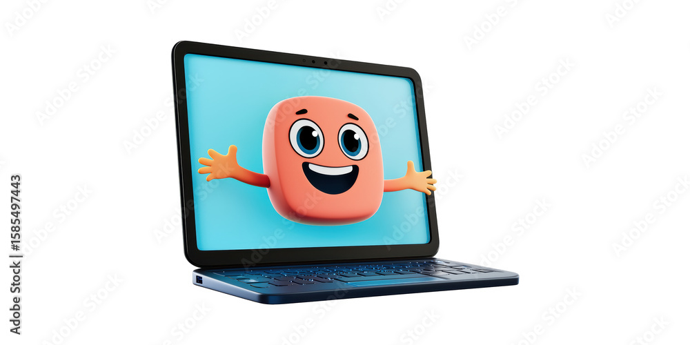 Poster character laptop screen. digital interaction and online communication concept isolated on transparen