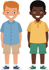 Naklejka premium Two smiling boys standing side by side wearing casual summer clothes and sneakers cheerful vector illustration
