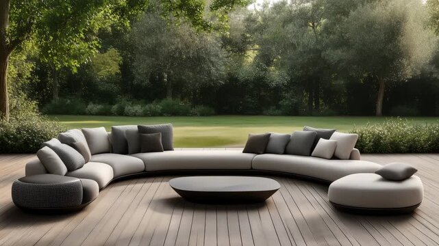 A modern curved outdoor sofa with cushions surrounds a sleek coffee table, creating a relaxing space in a tranquil garden