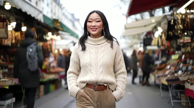 Slow motion cinematic video of a stylish Asian woman walking on a bustling European outdoor market street