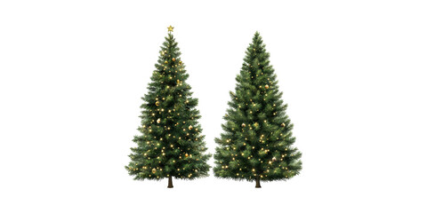 Artificial Christmas Trees With Lights And Decorations. Festive Holiday Decor Isolated On Transparent Background