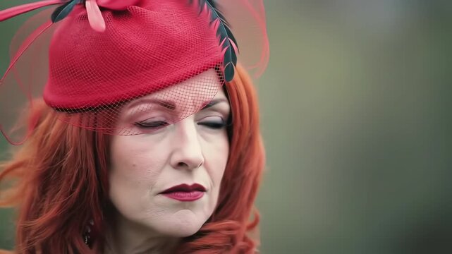 Cinematic close up portrait of a melancholic mature woman with red hair wearing an elegant red hat