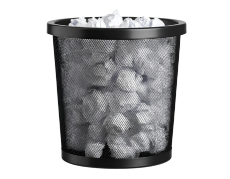  Metal Mesh Trash Can with Crumpled Paper Balls, Front View, Isolated on Transparent PNG
