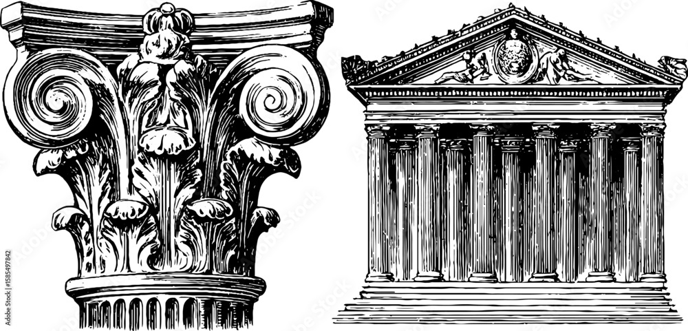 Poster neoclassical architecture elements illustrations featuring engraved columns and facade design