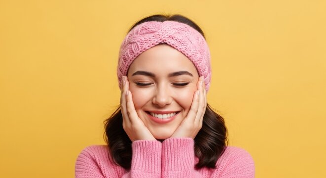 Young woman with a pink headband smiling and touching her face against a yellow background - Powered by Adobe
