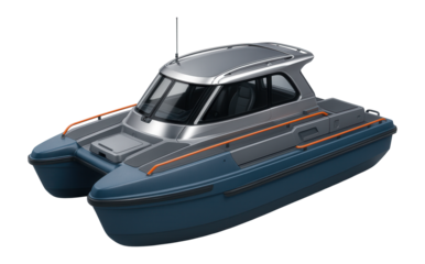 Expedition motor catamaran with reinforced hulls and additional storage compartments