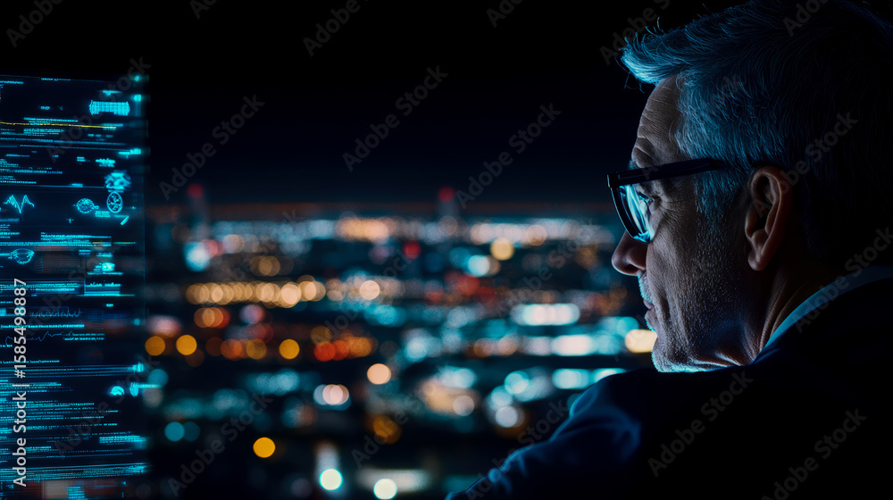 Aufkleber senior executive observing a smart city at night through an interactive digital interface, represent