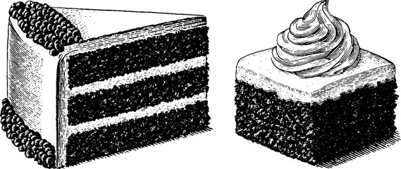 Engraved illustration of red velvet cake set for dessert lovers and culinary art