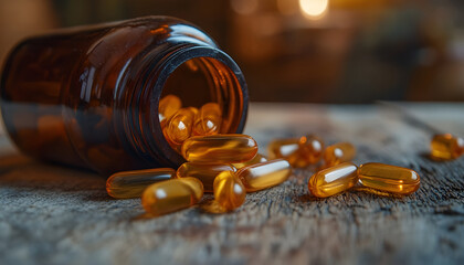 vitamin pills in capsules, bottle with pills on wooden background. Food supplement, dietary nutrition, healthy lifestyle, wellness, treatment of deficiencies