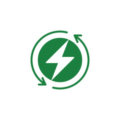 Obraz premium Green renewable energy icon with lightning bolt and arrows